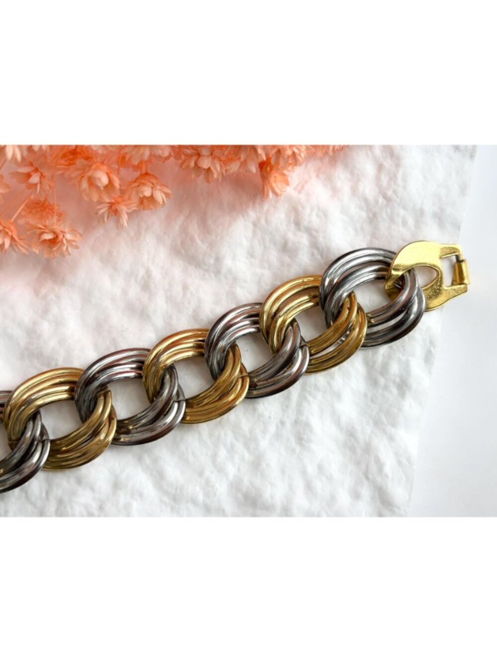 Dual Gold & Silver Double Strung Chunky Vintage 80's Style Bracelet - Picture 2 of 16
